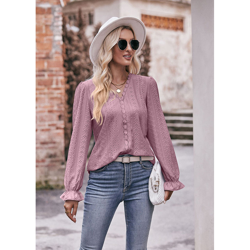 V-Neck Cuffed Sleeves Schiffli Shirt Style Top