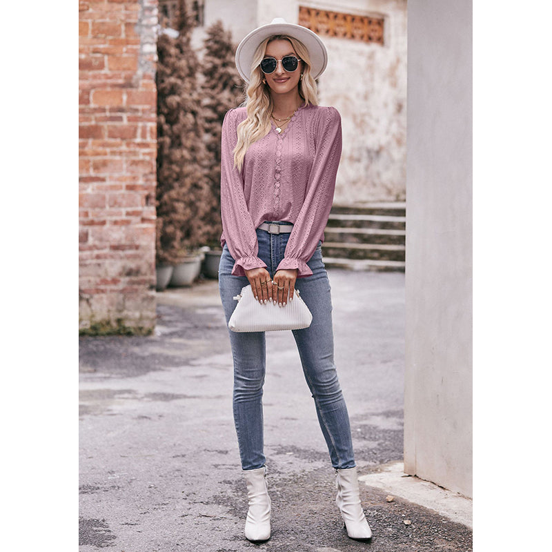 V-Neck Cuffed Sleeves Schiffli Shirt Style Top