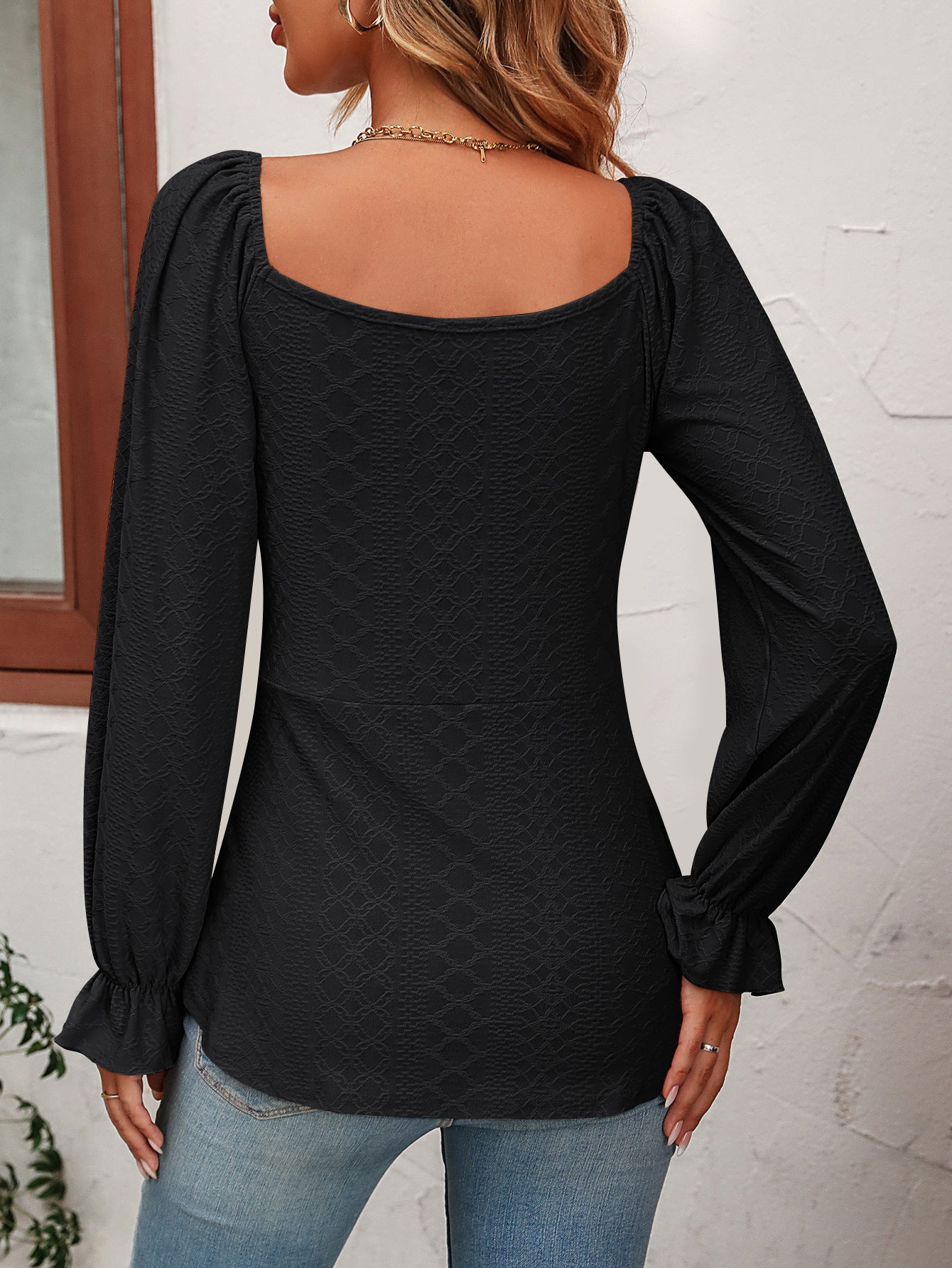 Black Self Design V-Neck Tie-Ups Detail Tunic