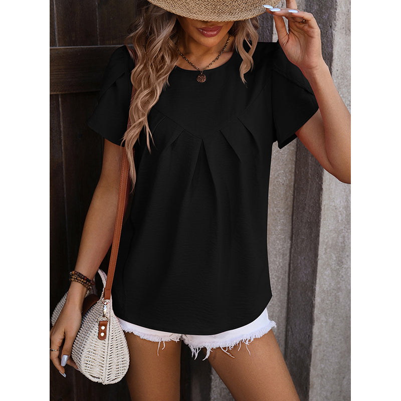 Black Pleated Detail Puff Sleeves Top