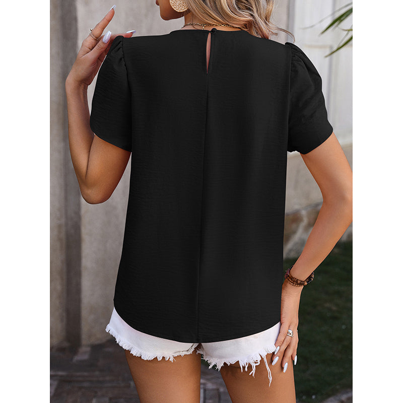 Black Pleated Detail Puff Sleeves Top