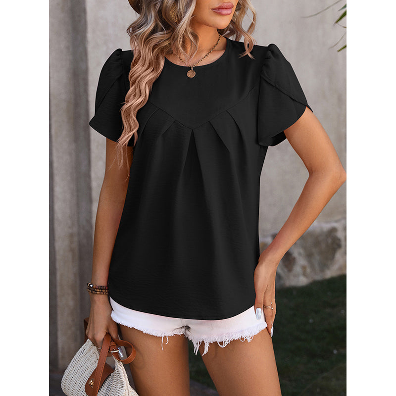 Black Pleated Detail Puff Sleeves Top