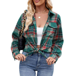 Women Spread Collar Tartan Checked Casual Shirt