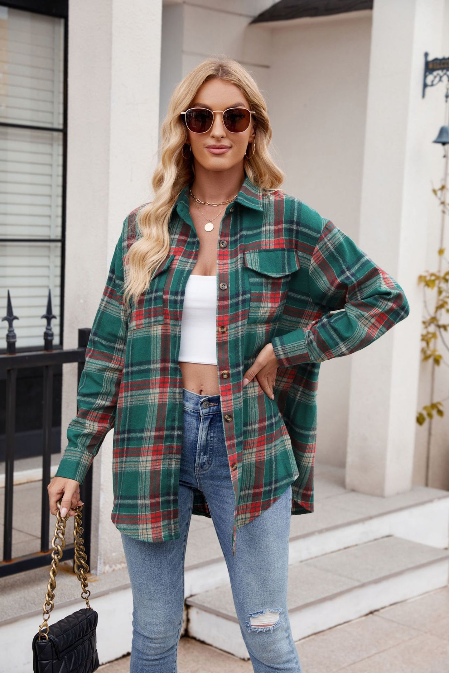 Women Spread Collar Tartan Checked Casual Shirt
