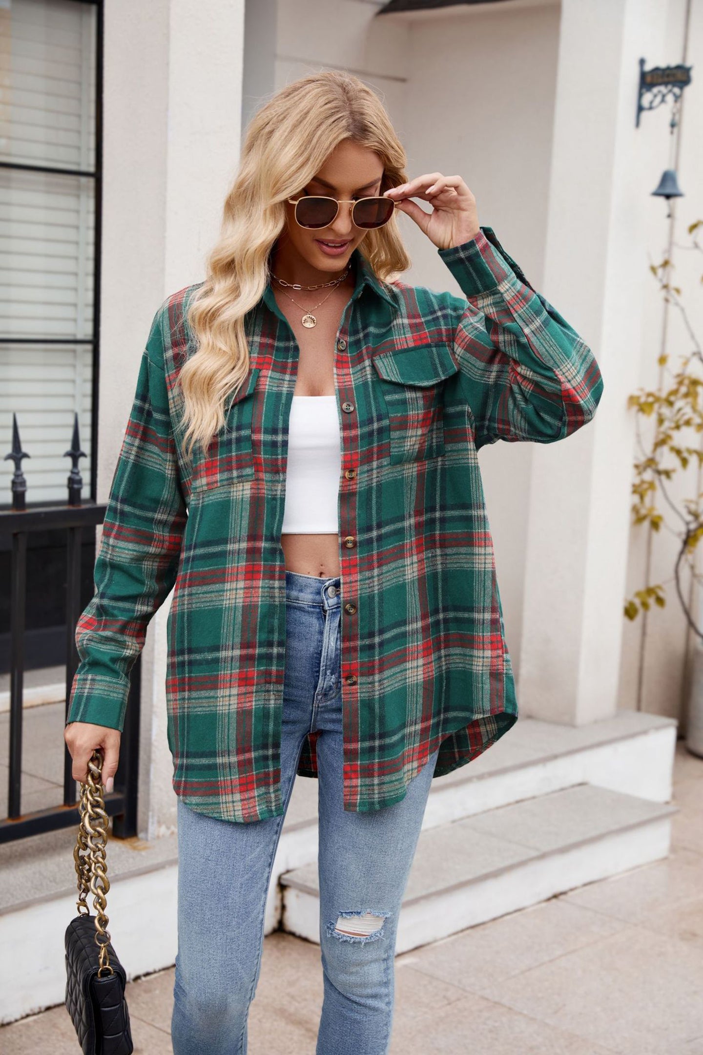 Women Spread Collar Tartan Checked Casual Shirt