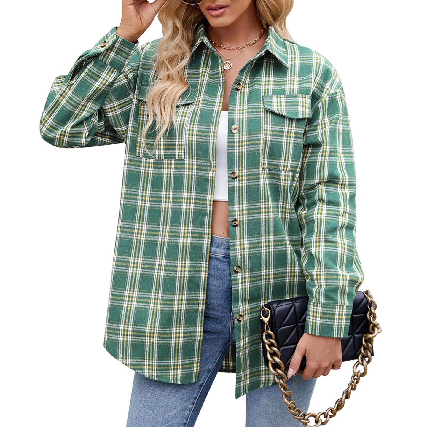 Women Spread Collar Tartan Checked Casual Shirt