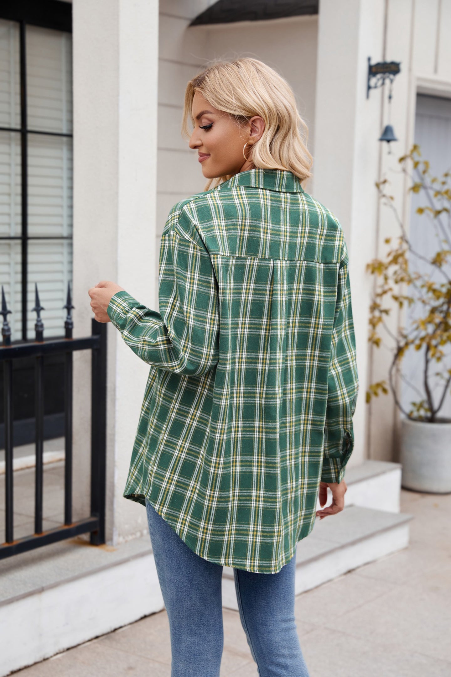 Women Spread Collar Tartan Checked Casual Shirt