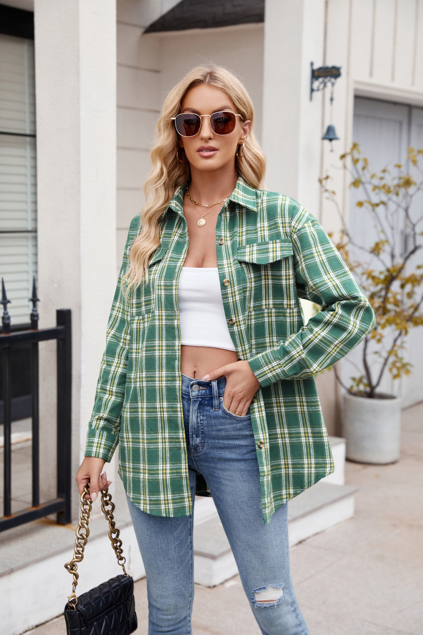 Women Spread Collar Tartan Checked Casual Shirt