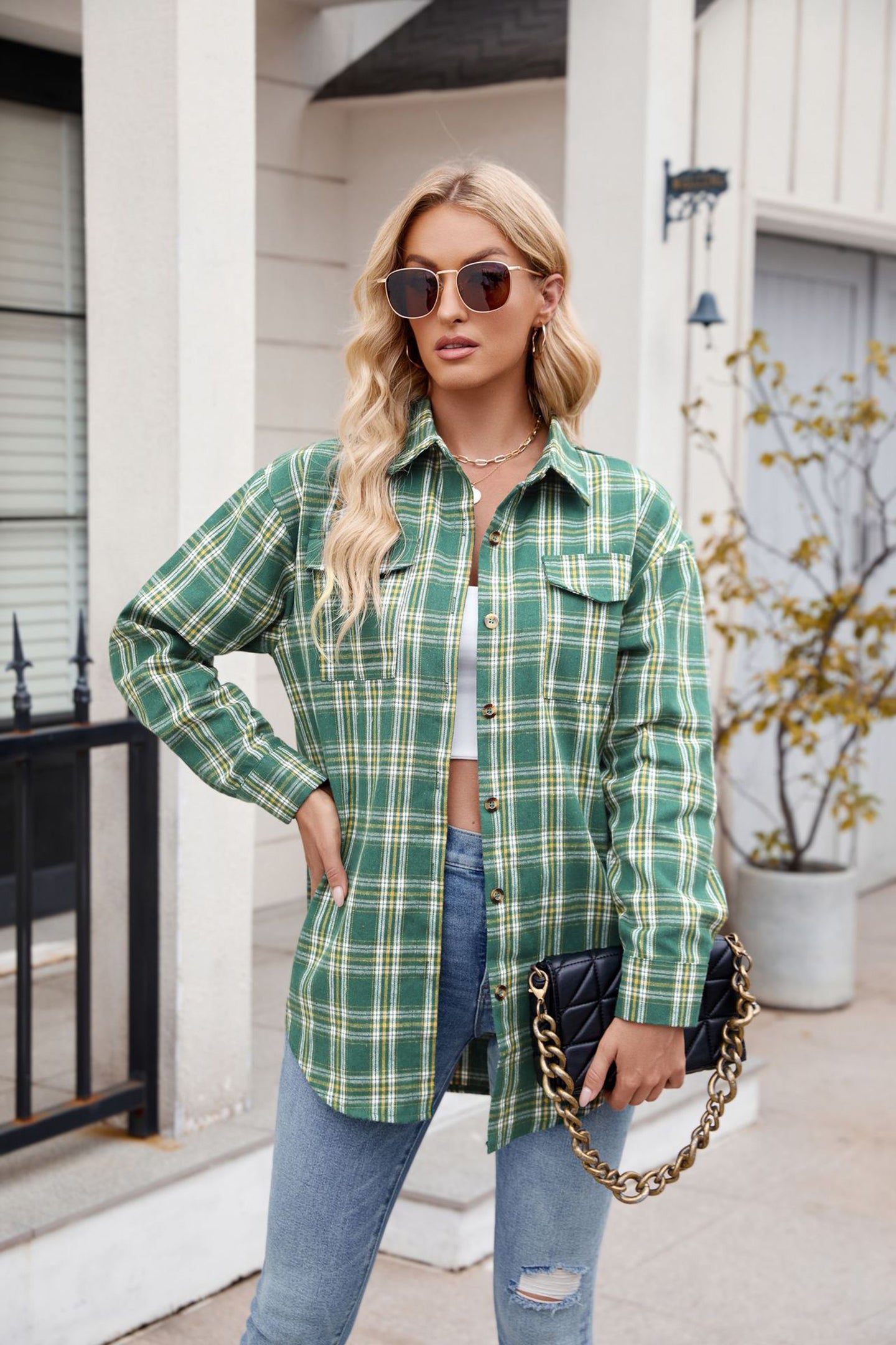 Women Spread Collar Tartan Checked Casual Shirt