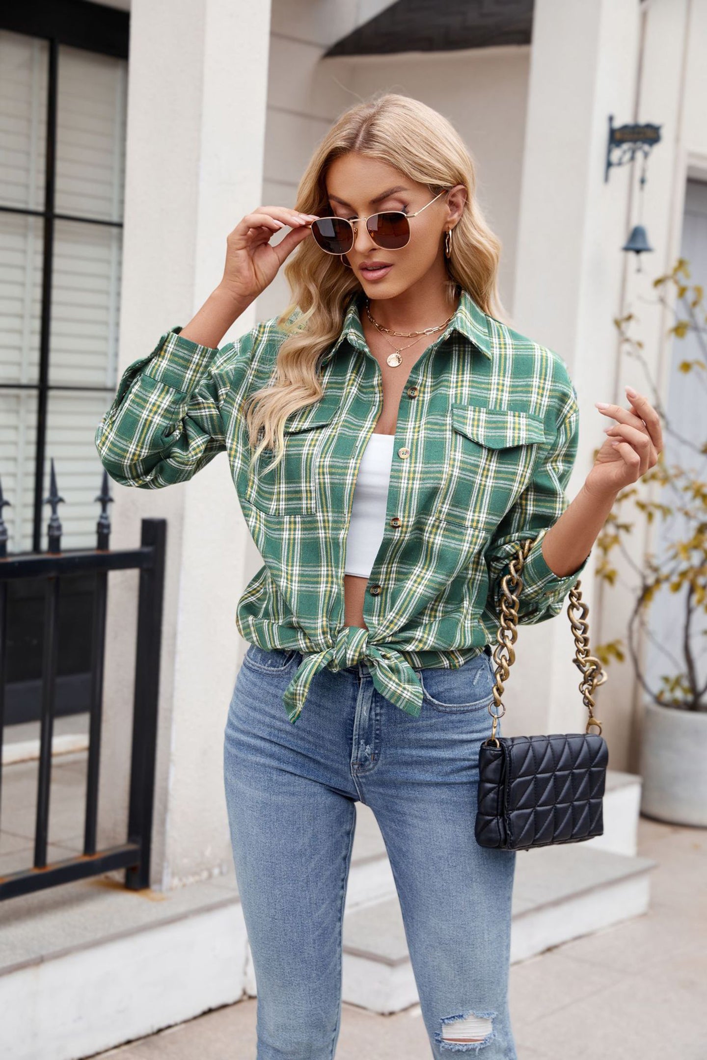 Women Spread Collar Tartan Checked Casual Shirt