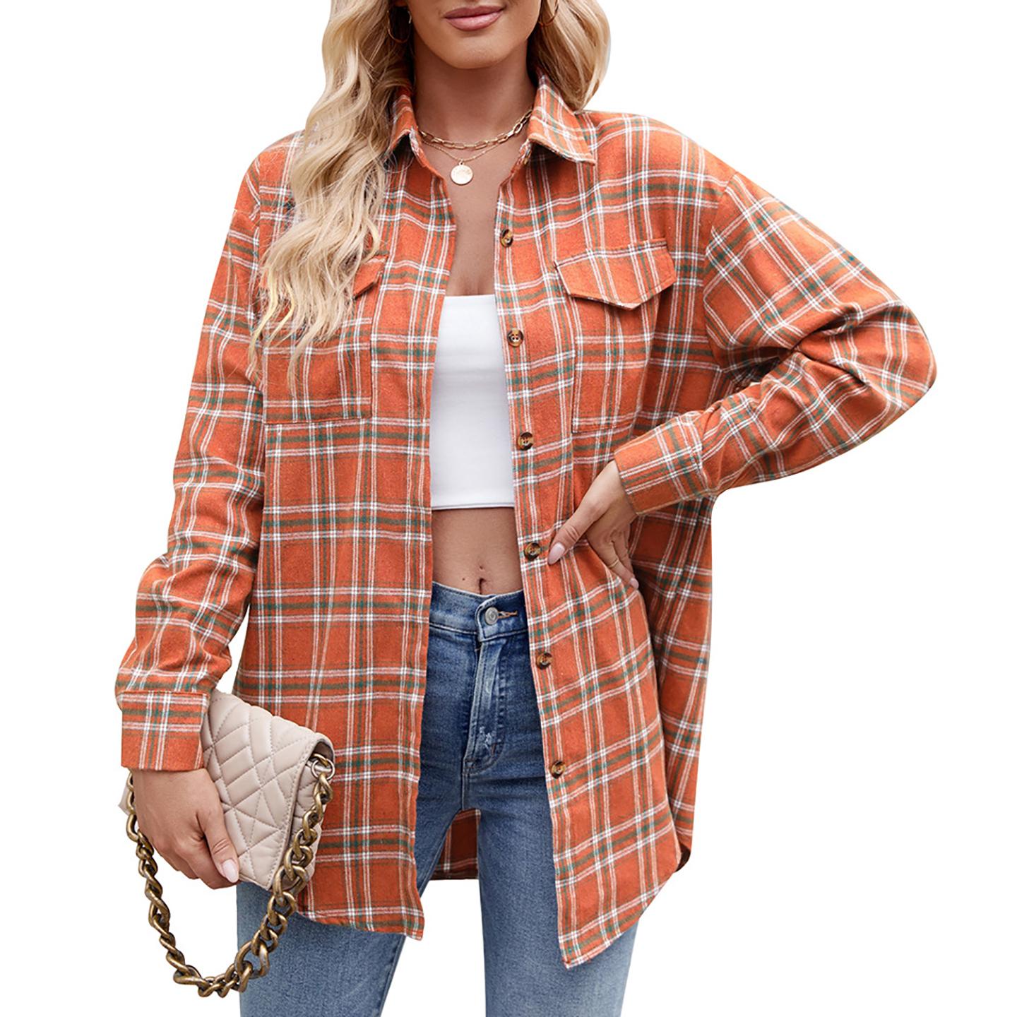 Women Spread Collar Tartan Checked Casual Shirt