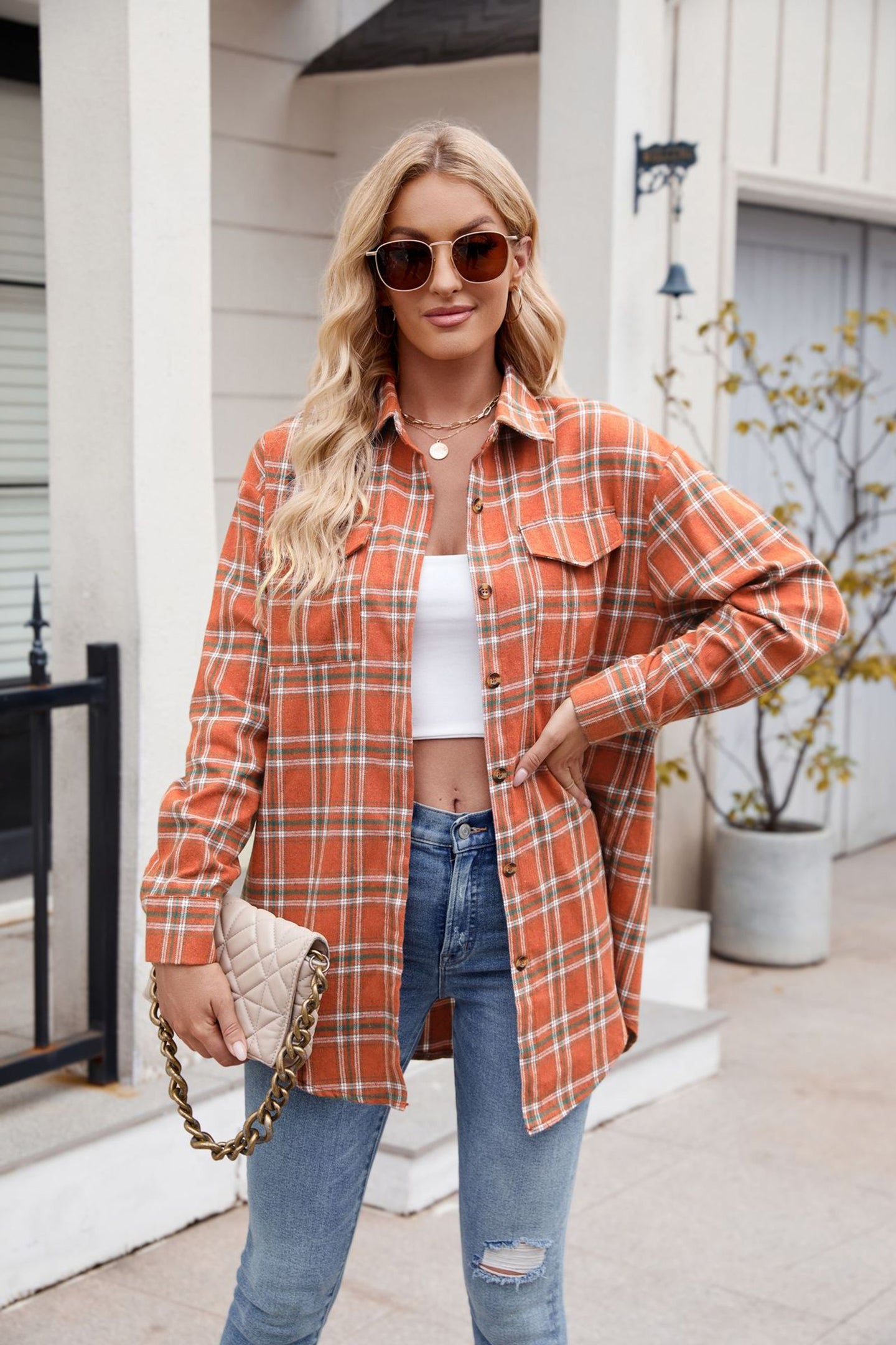 Women Spread Collar Tartan Checked Casual Shirt