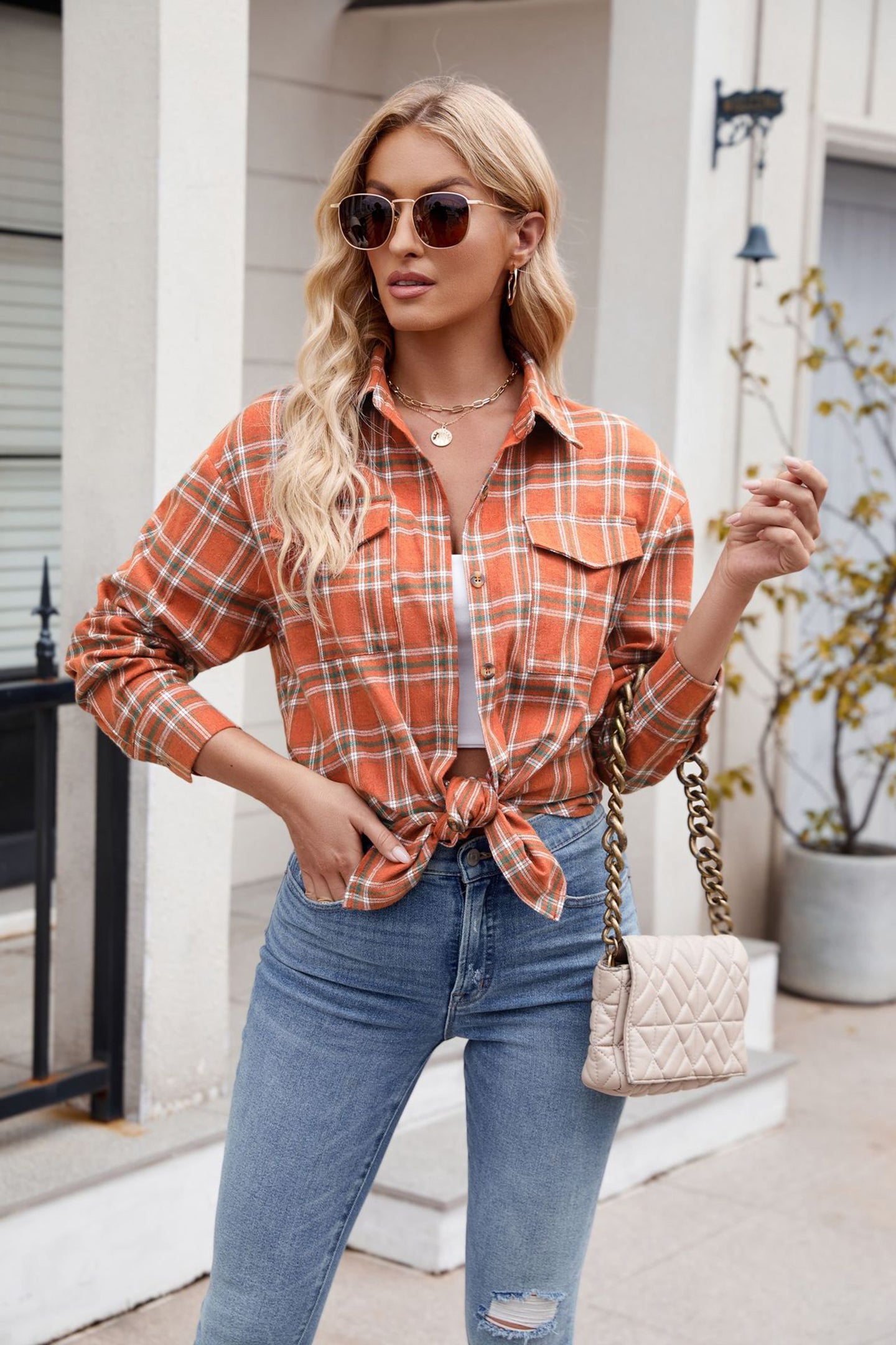 Women Spread Collar Tartan Checked Casual Shirt