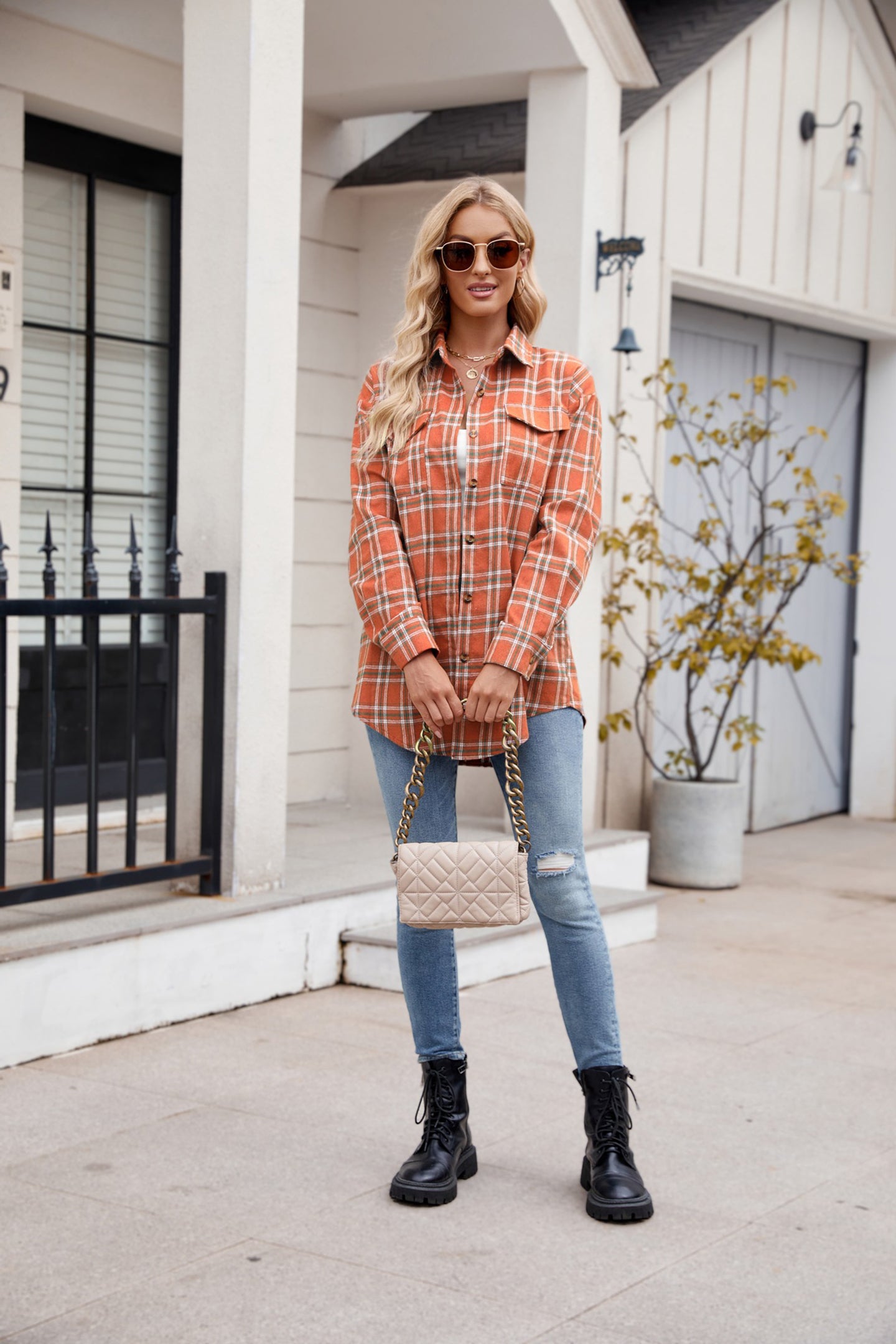 Women Spread Collar Tartan Checked Casual Shirt