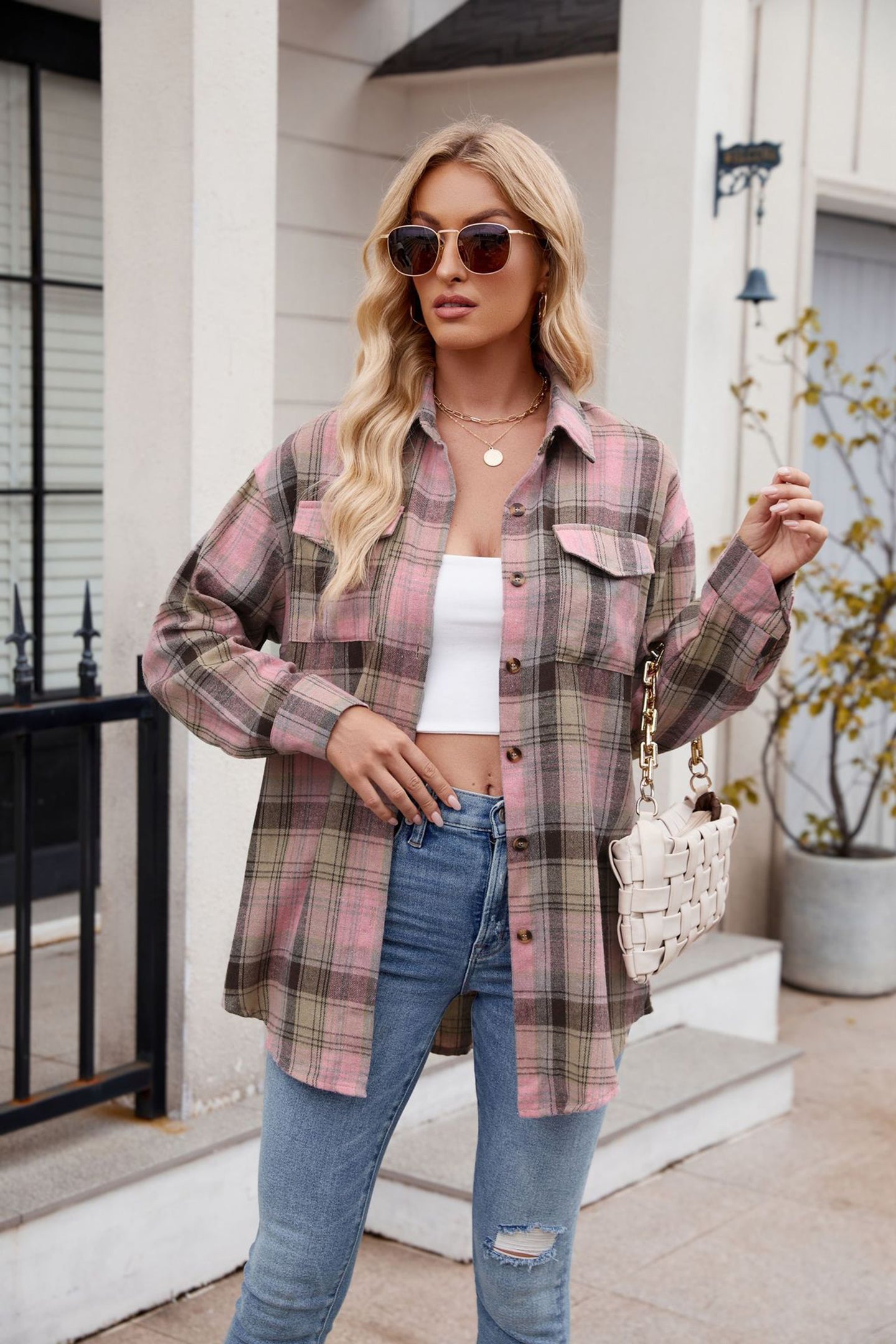 Women Spread Collar Tartan Checked Casual Shirt
