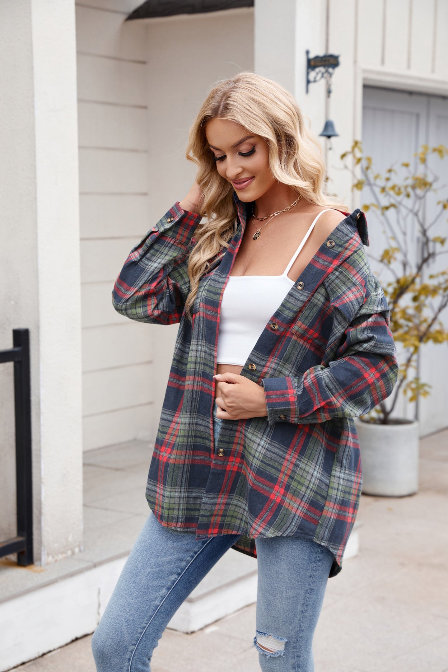 Women Spread Collar Tartan Checked Casual Shirt