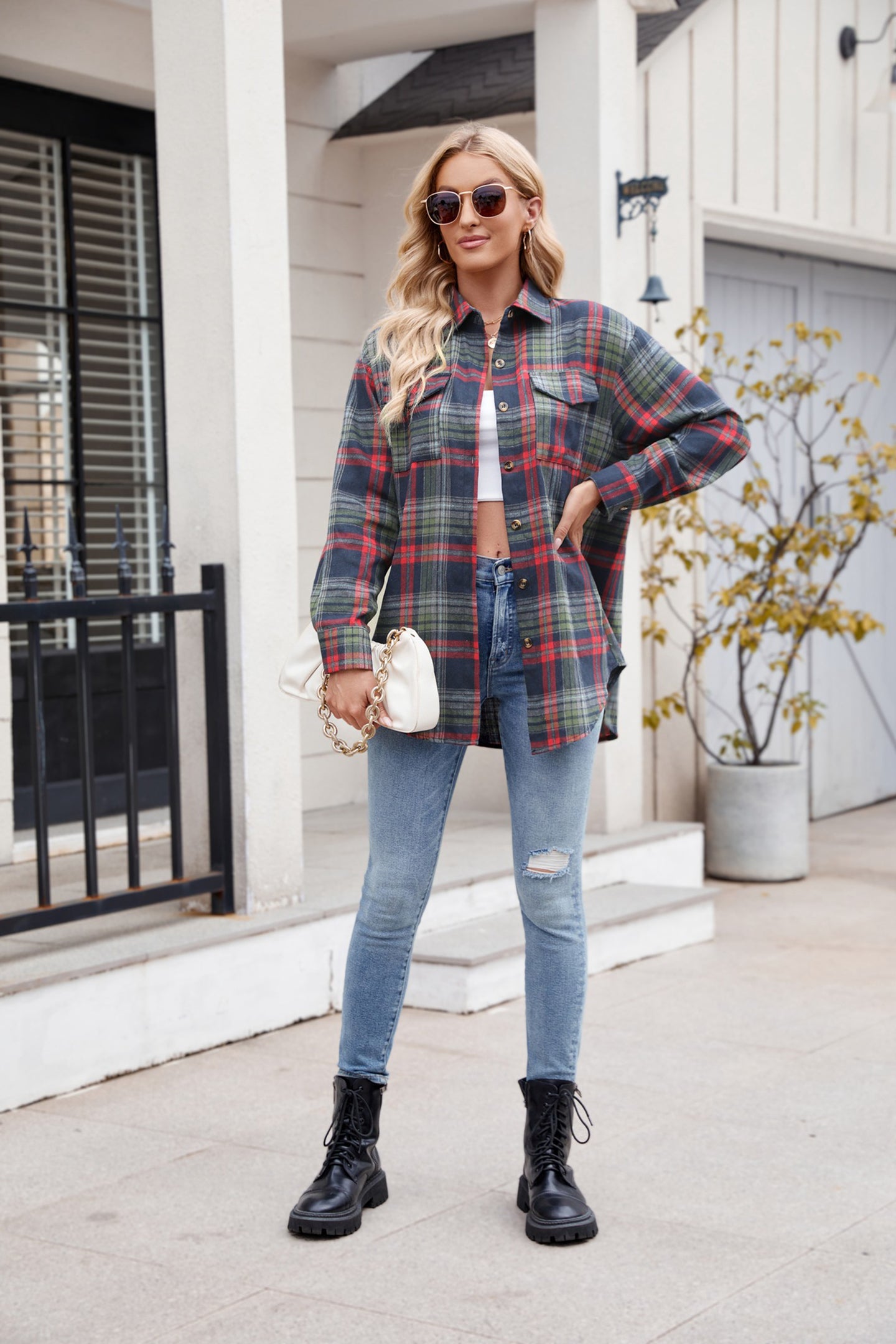 Women Spread Collar Tartan Checked Casual Shirt