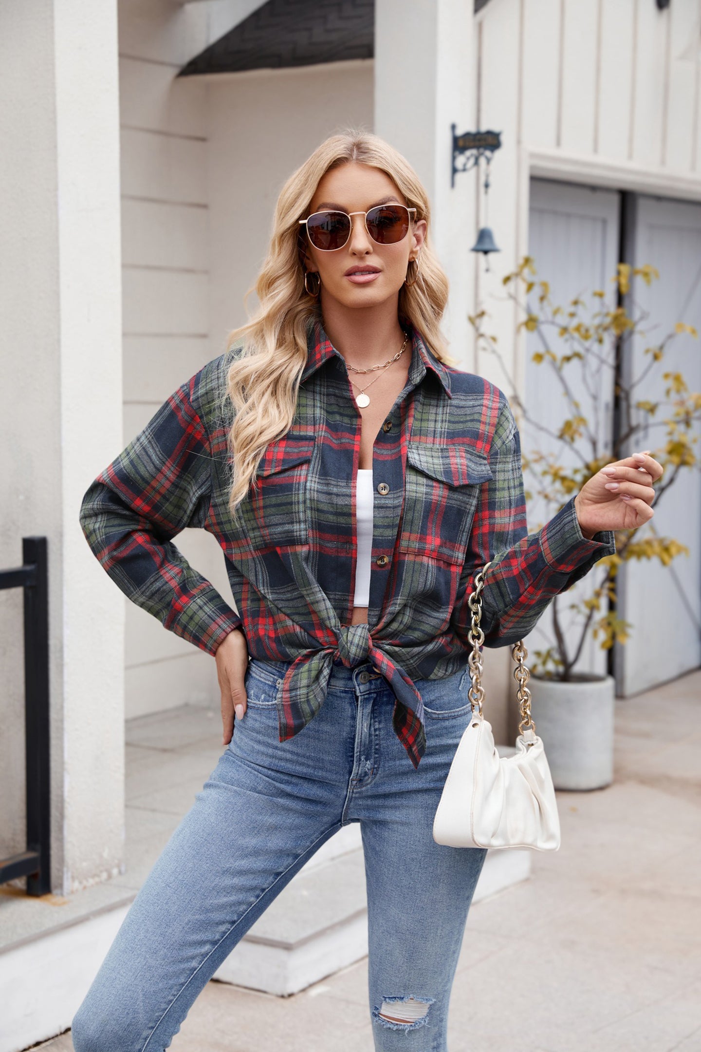 Women Spread Collar Tartan Checked Casual Shirt