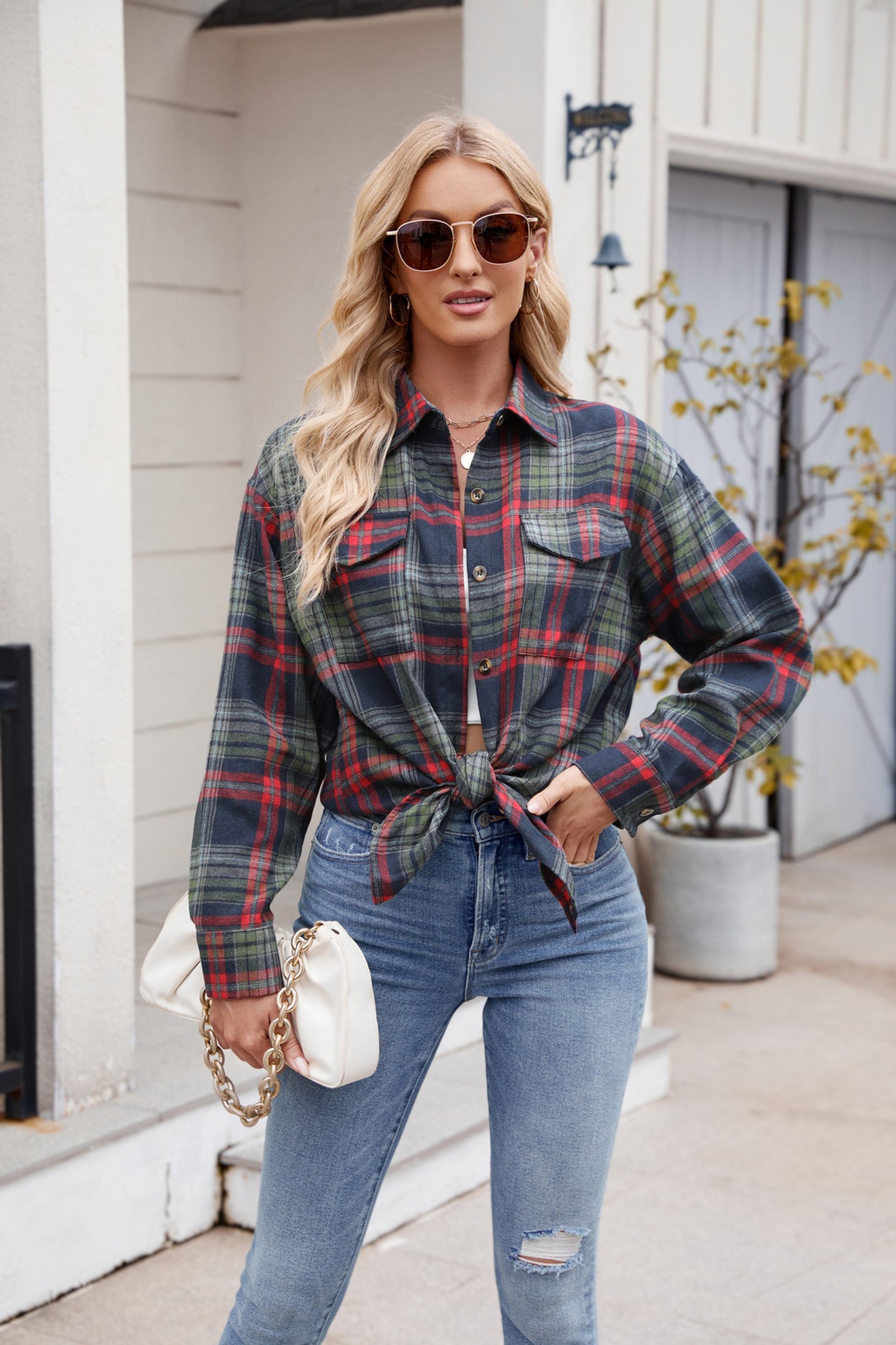 Women Spread Collar Tartan Checked Casual Shirt