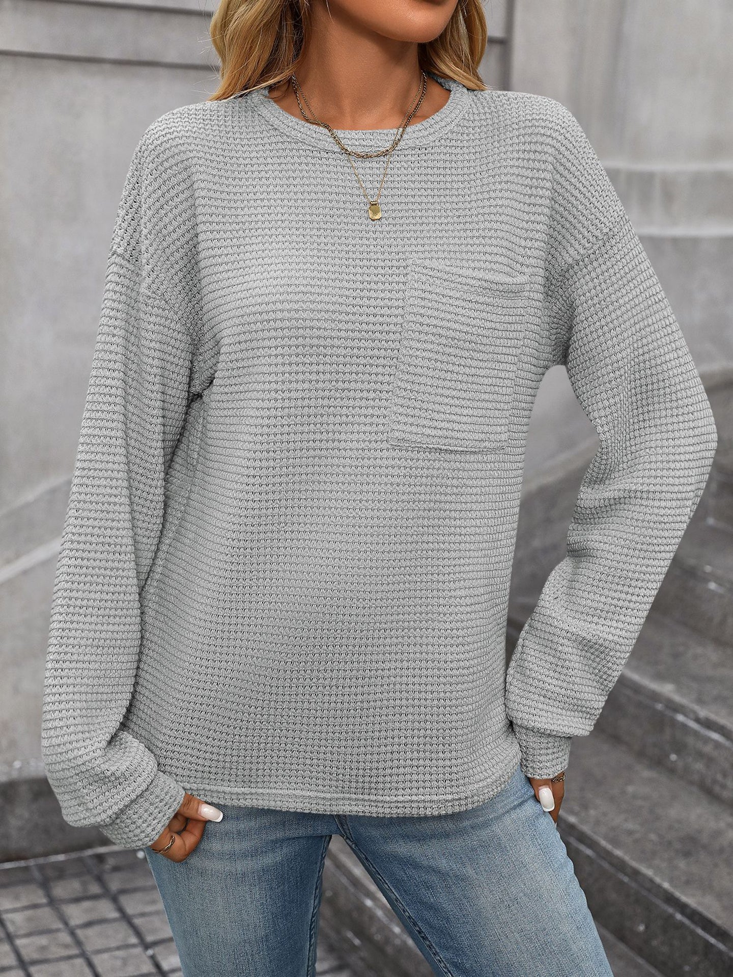 Women Self Design Round Neck Sweatshirt