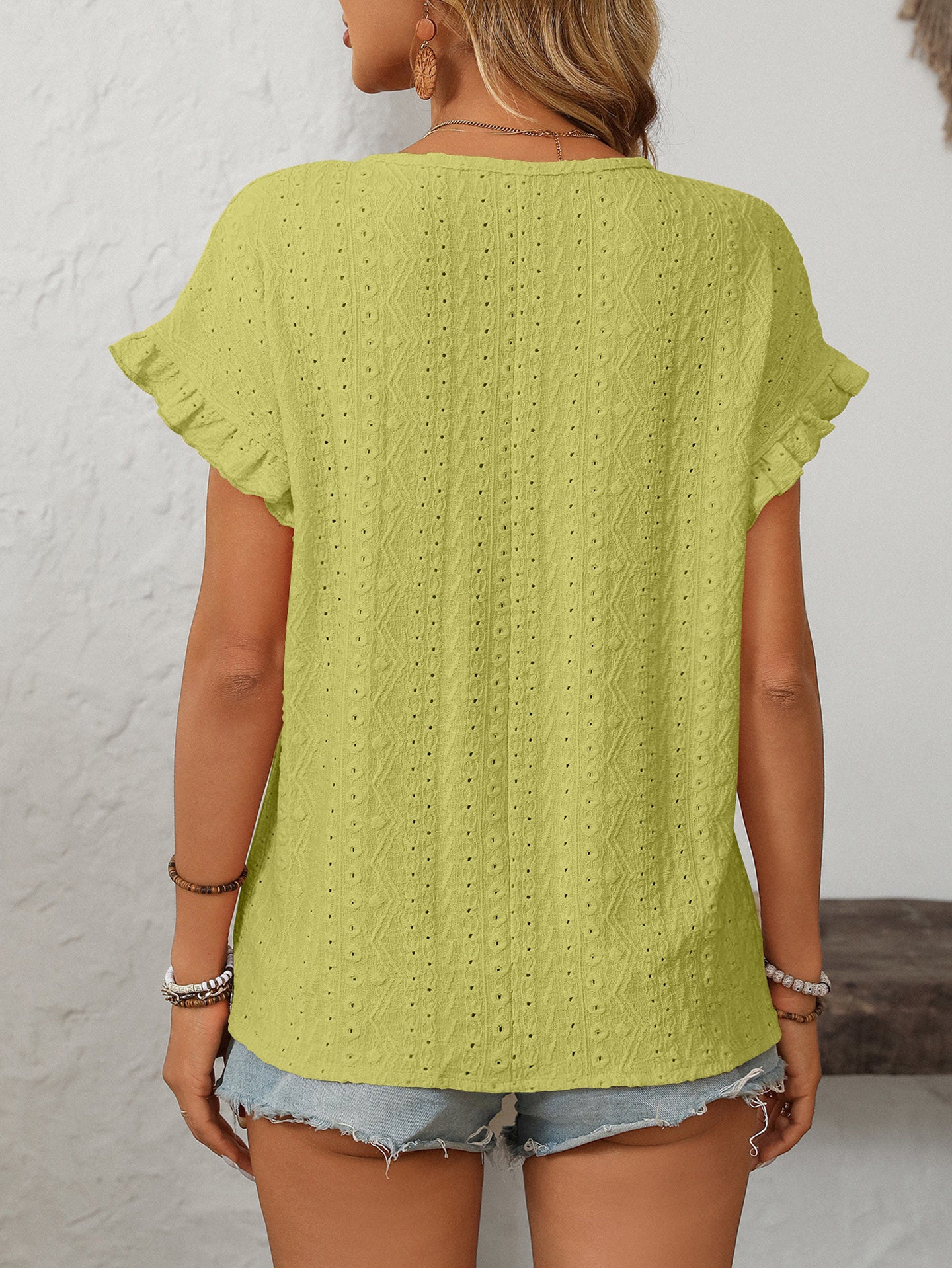 Women Schiffli Flutter Sleeve Cotton Top