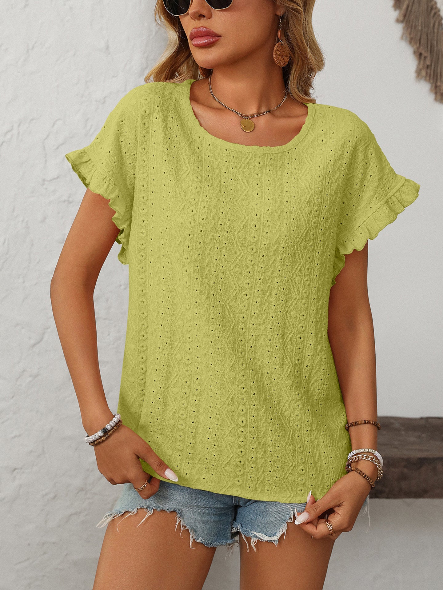 Women Schiffli Flutter Sleeve Cotton Top