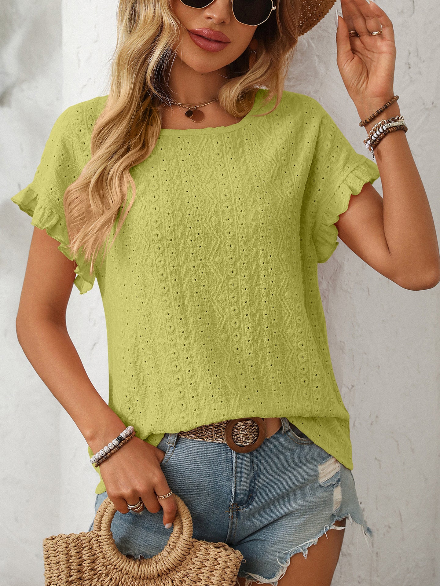 Women Schiffli Flutter Sleeve Cotton Top