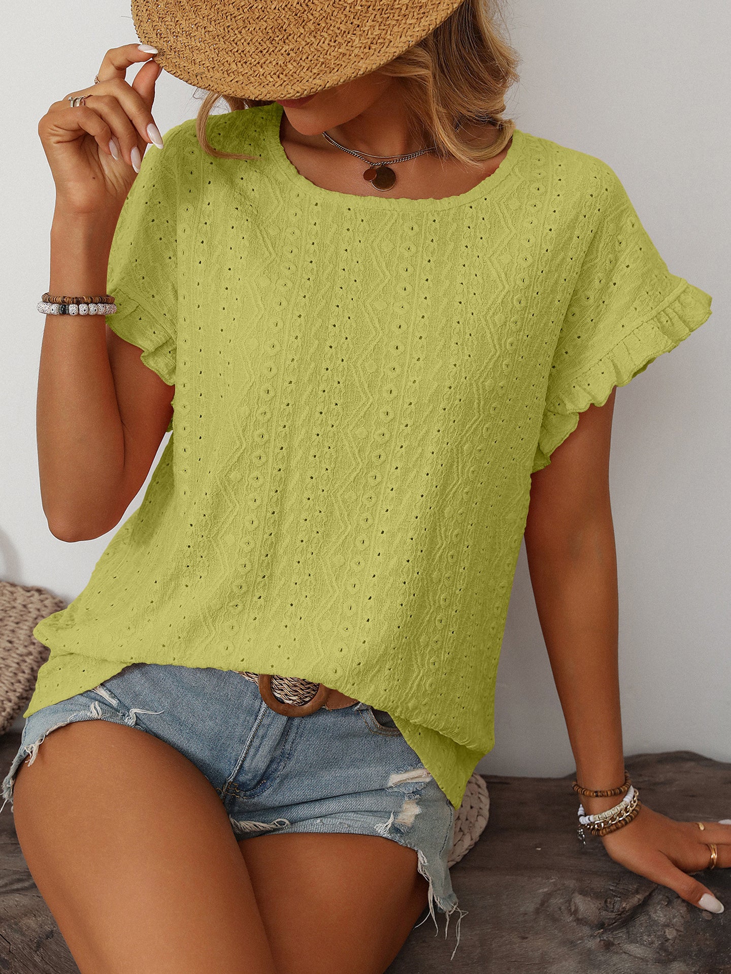 Women Schiffli Flutter Sleeve Cotton Top