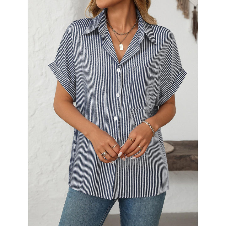 Women Cutaway Collar Vertical Striped Casual Shirt