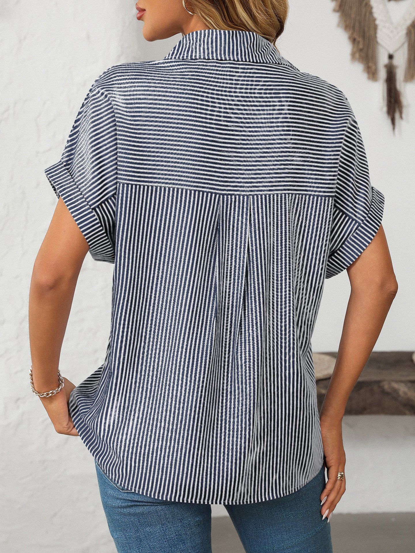 Women Cutaway Collar Vertical Striped Casual Shirt