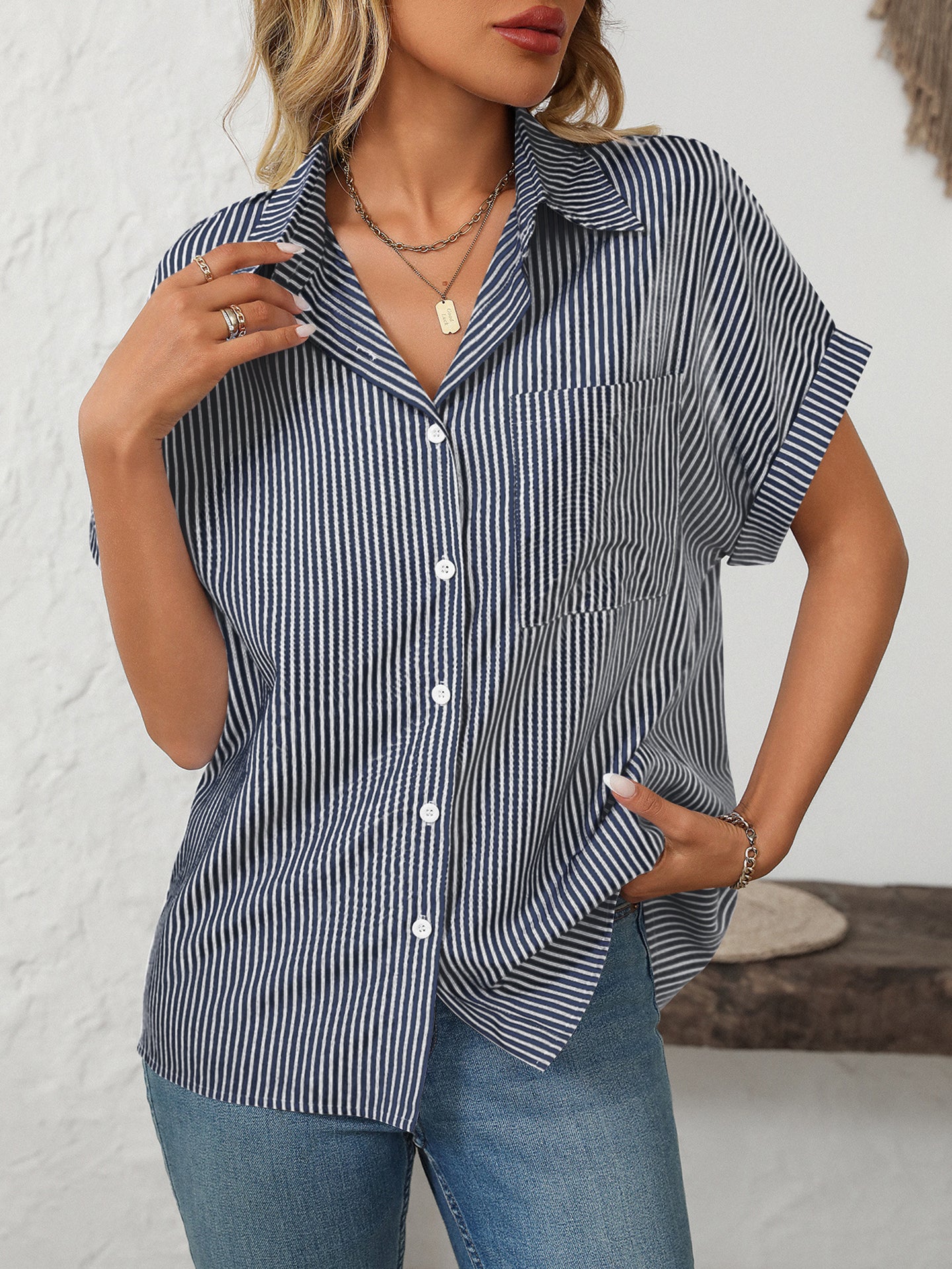 Women Cutaway Collar Vertical Striped Casual Shirt