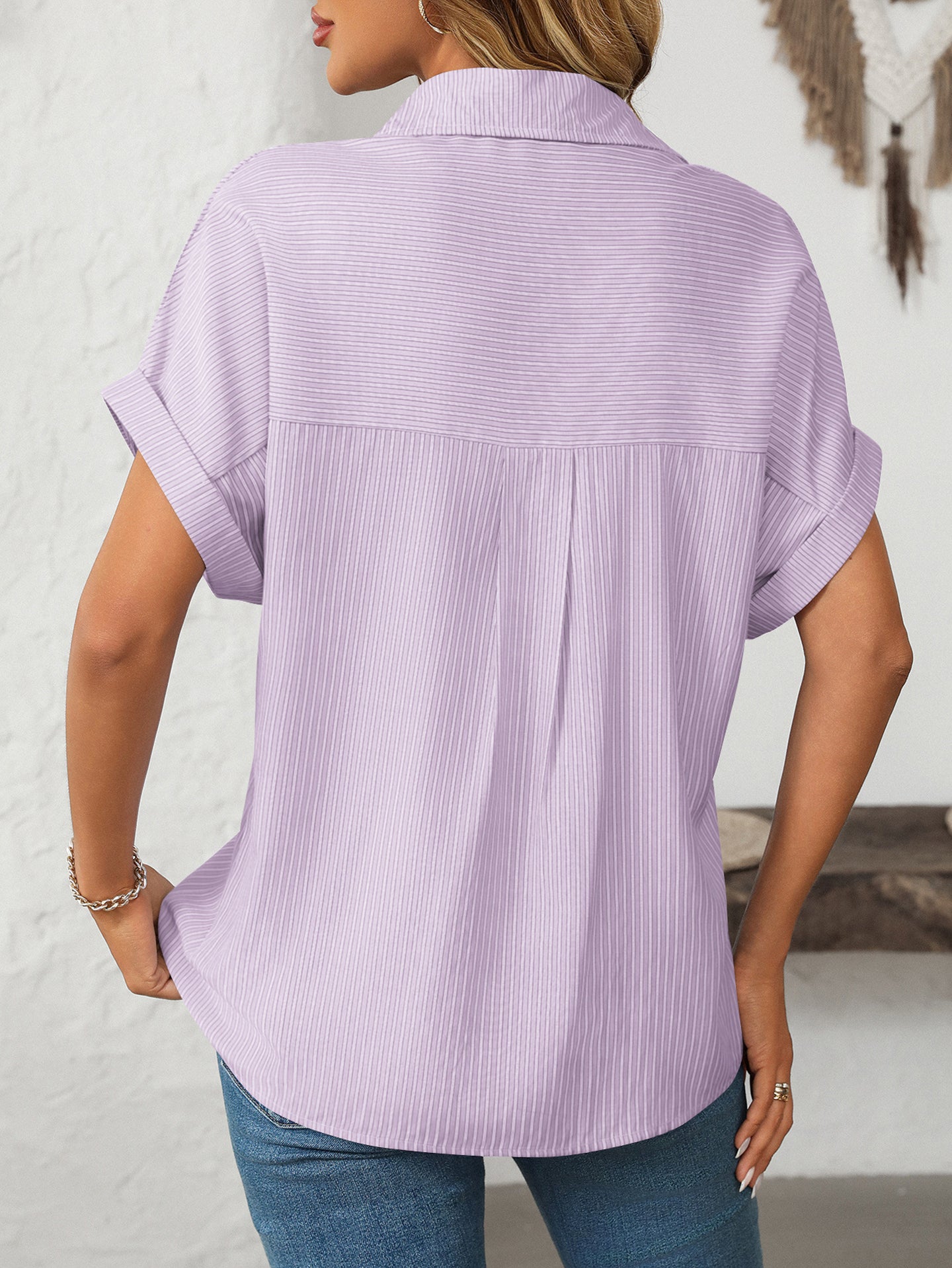 Women Cutaway Collar Vertical Striped Casual Shirt