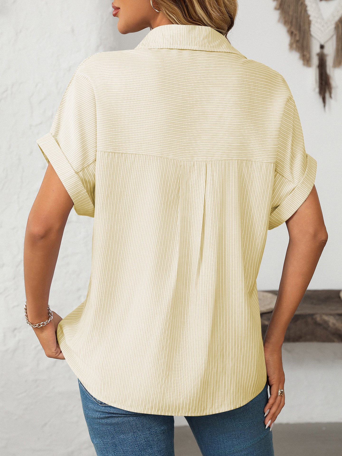Women Cutaway Collar Vertical Striped Casual Shirt