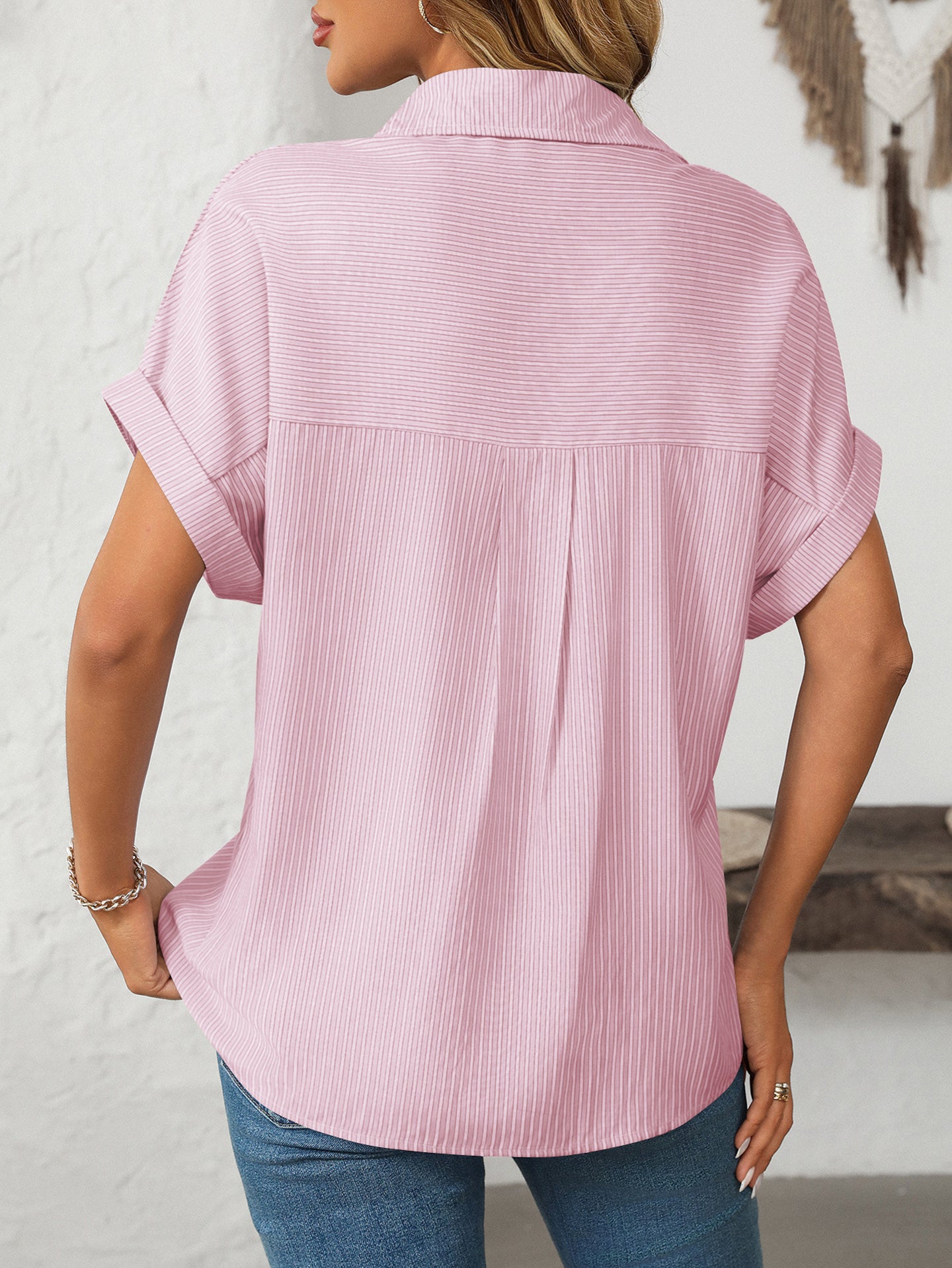 Women Cutaway Collar Vertical Striped Casual Shirt