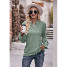 Green Self Design Puff Sleeves Mandarin Collar Top