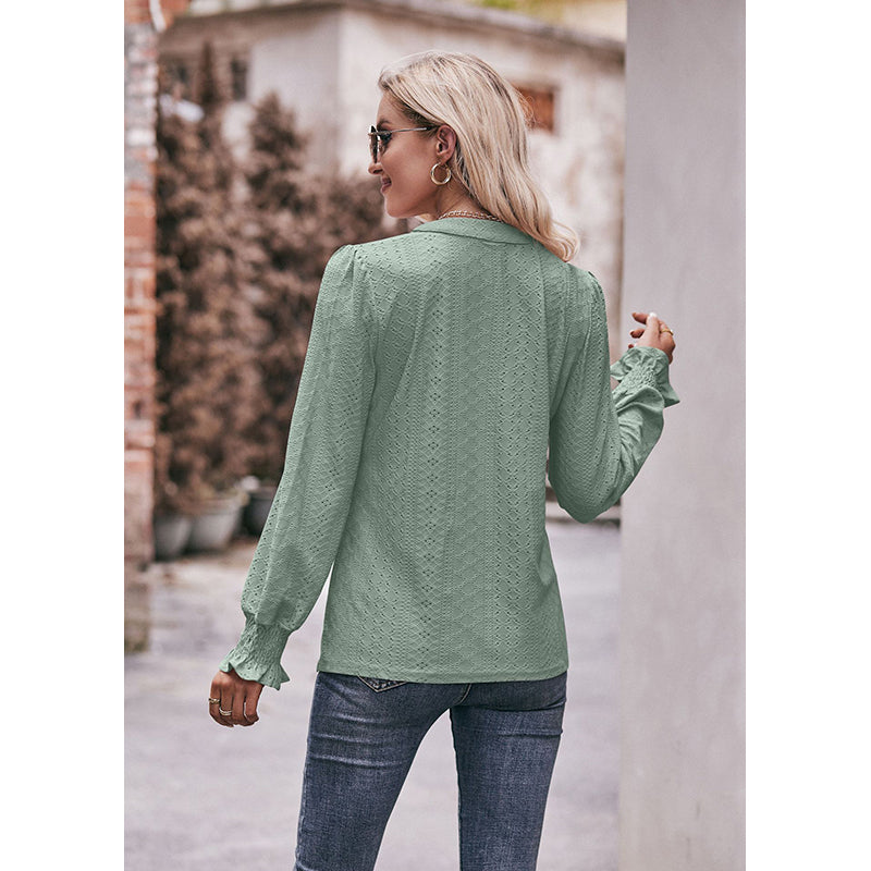 Green Self Design Puff Sleeves Mandarin Collar Top