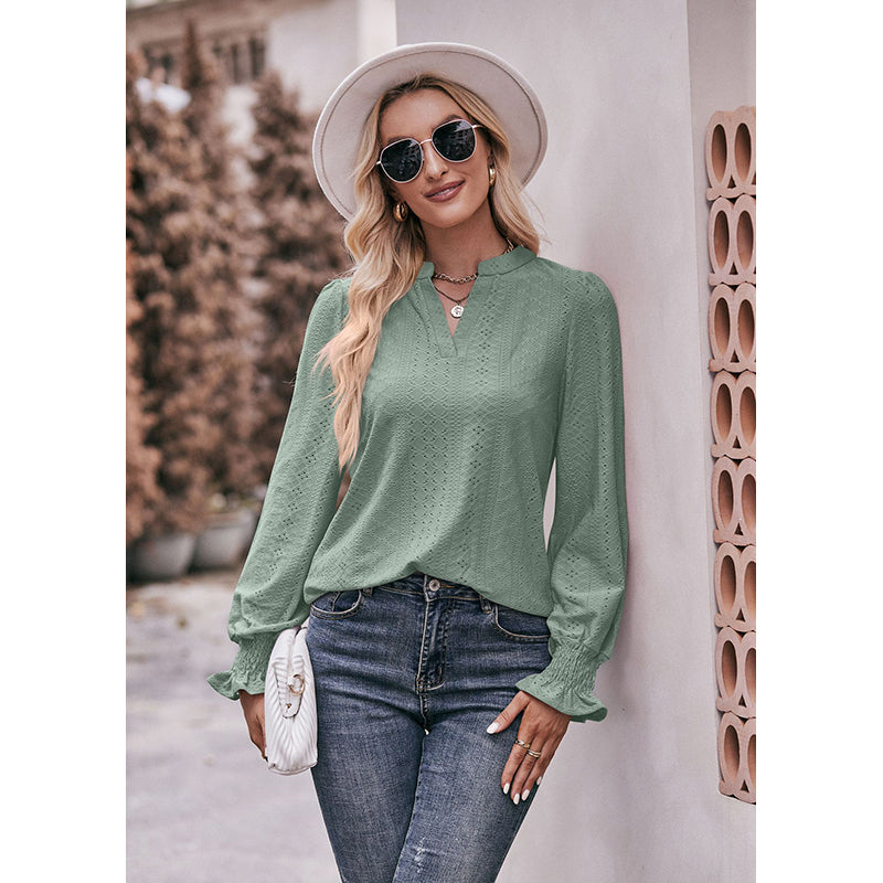 Green Self Design Puff Sleeves Mandarin Collar Top
