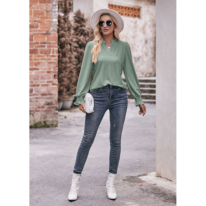 Green Self Design Puff Sleeves Mandarin Collar Top