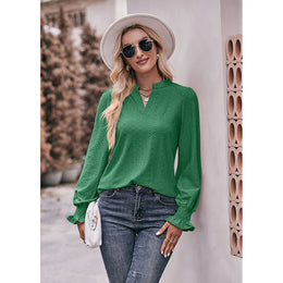 Green Self Design V-Neck Puff Sleeves Top