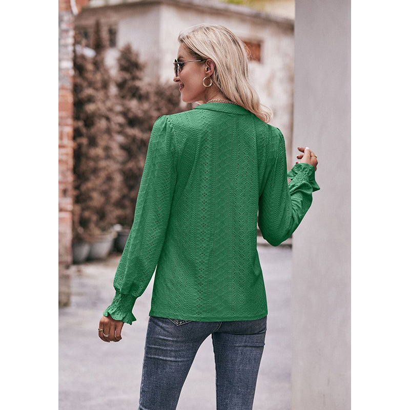 Green Self Design V-Neck Puff Sleeves Top