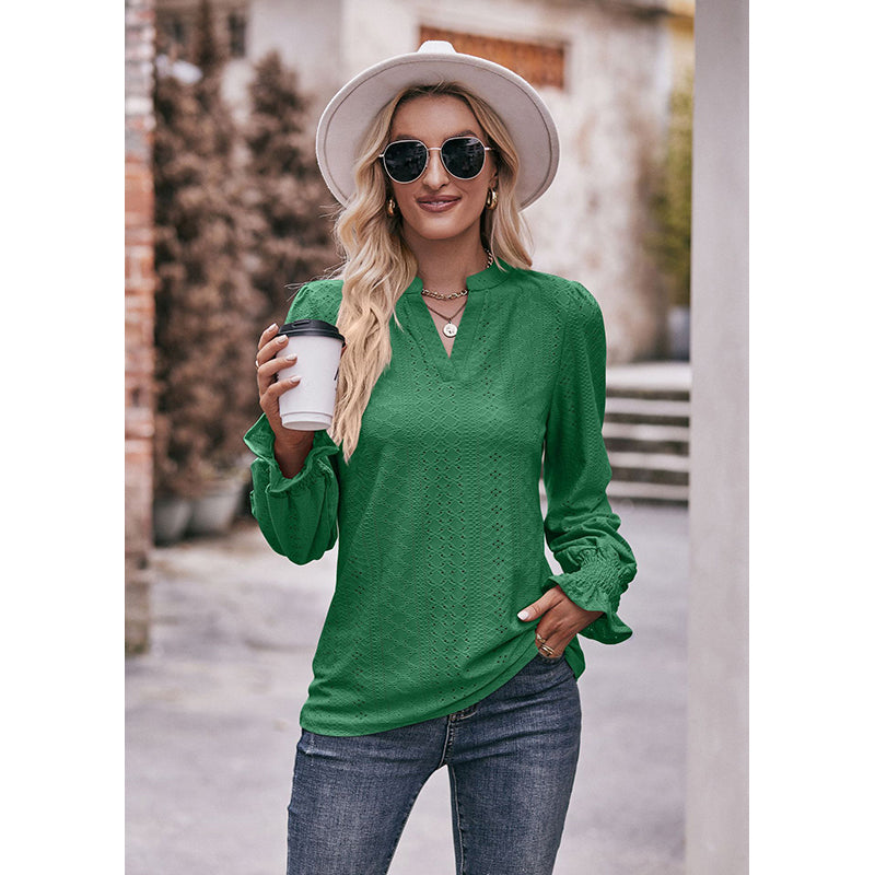 Green Self Design V-Neck Puff Sleeves Top