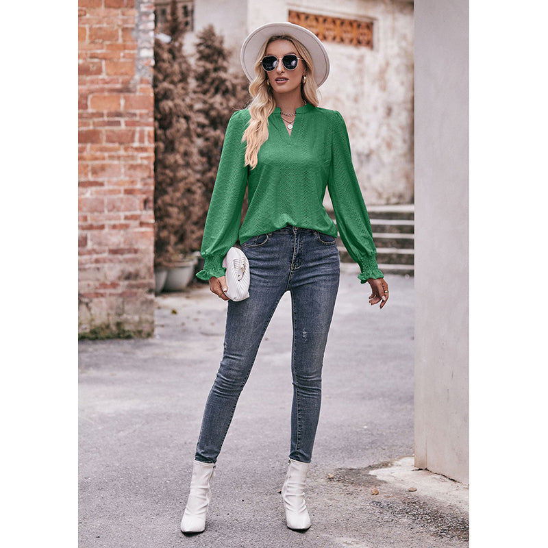 Green Self Design V-Neck Puff Sleeves Top