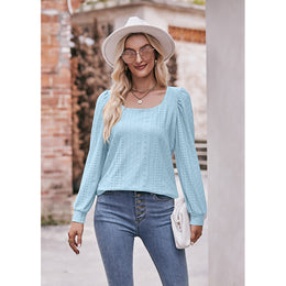 Blue Square Neck Puff Sleeve Top