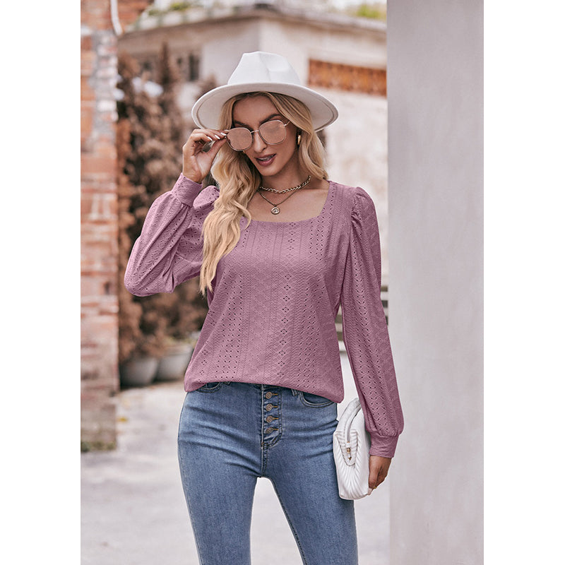 Pink Self Design Square Neck Long Sleeves Top
