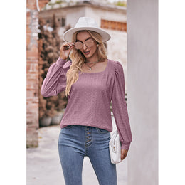 Pink Self Design Square Neck Long Sleeves Top