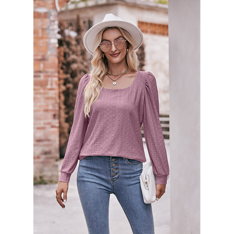 Pink Self Design Square Neck Long Sleeves Top