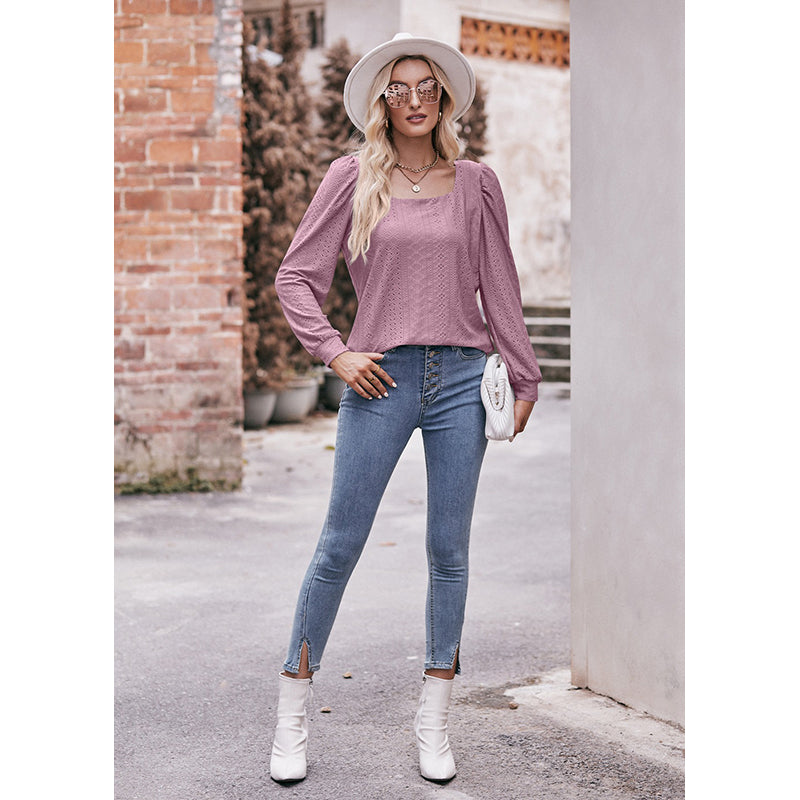 Pink Self Design Square Neck Long Sleeves Top