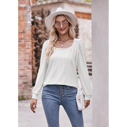 White Square Neck Puff Sleeve Schiffli Top