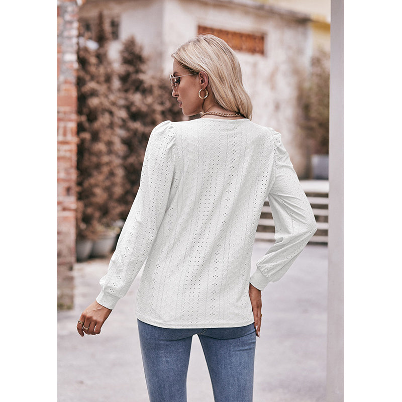 White Square Neck Puff Sleeve Schiffli Top
