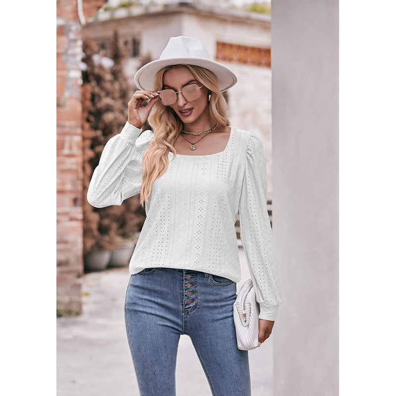 White Square Neck Puff Sleeve Schiffli Top